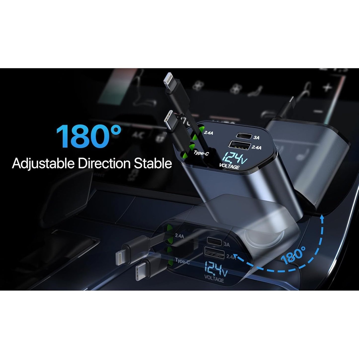 120W Car Charger, 4 in 1 Fast Charging Phone Charger, Retractable Cable (31.5") and 2 USB Ports Car Charger Adapter Compatible with iPhone 15/14/13/12 Pro