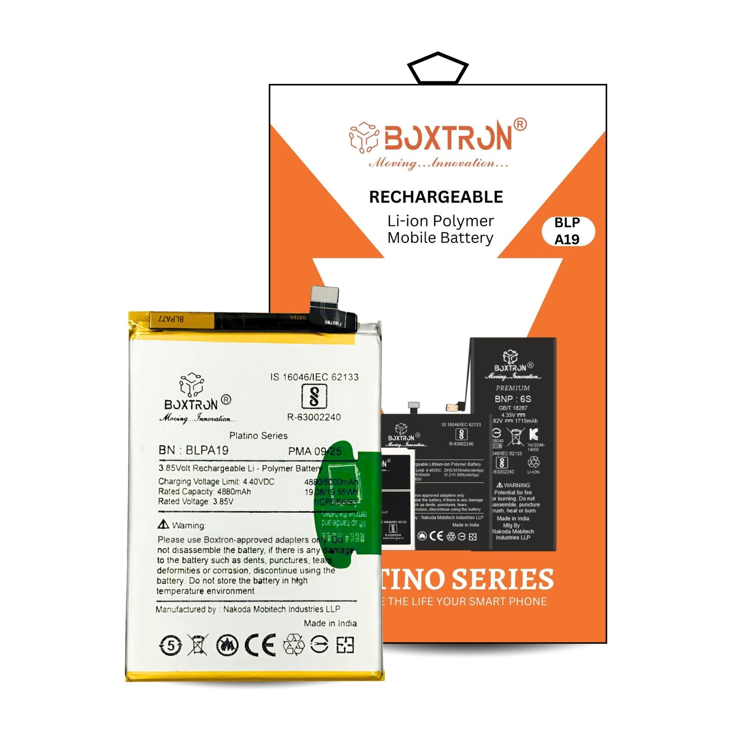Boxtron Battery Compatible for BLPA19, Oppo A38 and Oppo A58 phones, providing a 5000mAh capacity with a Lithium-ion type. BIS Approved 180 Days Replacement Warranty.