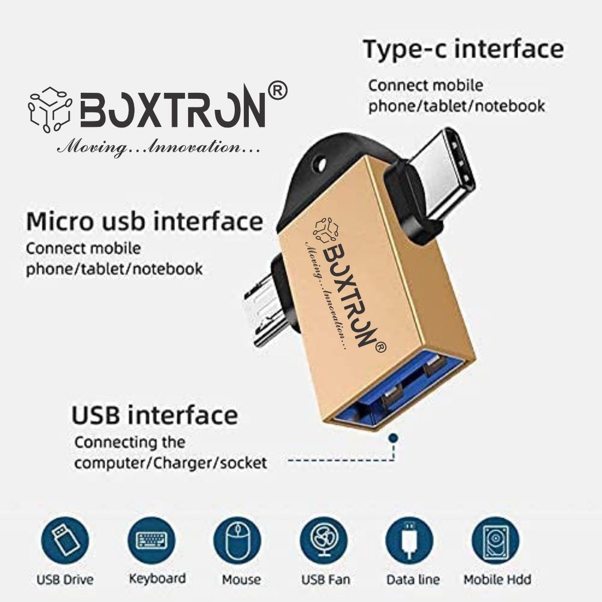 Boxtron 2 in 1 OTG Adapter Micro USB+USB Type C to USB Female Connector.