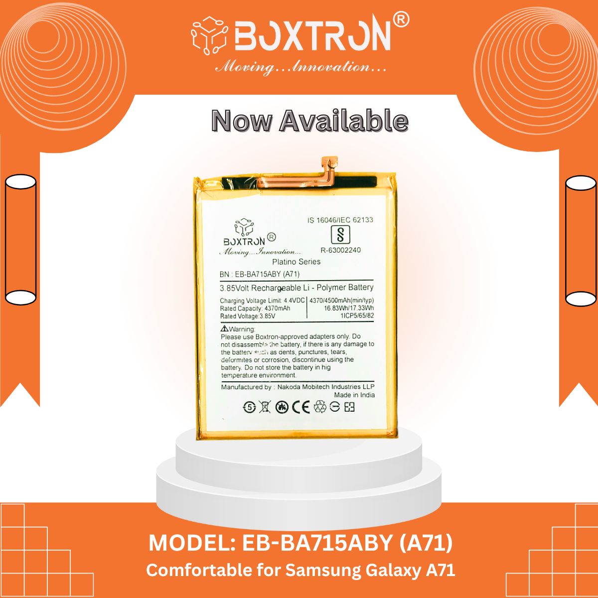 Boxtron EB-BA715ABY Battery Compatible for Samsung Galaxy A71 - 4500 mAh Battery Capacity.