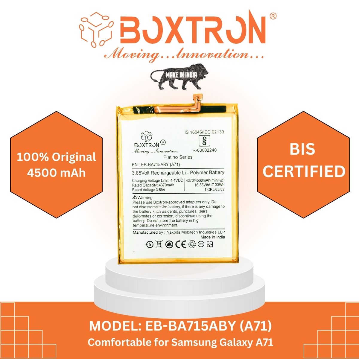 Boxtron EB-BA715ABY Battery Compatible for Samsung Galaxy A71 - 4500 mAh Battery Capacity.