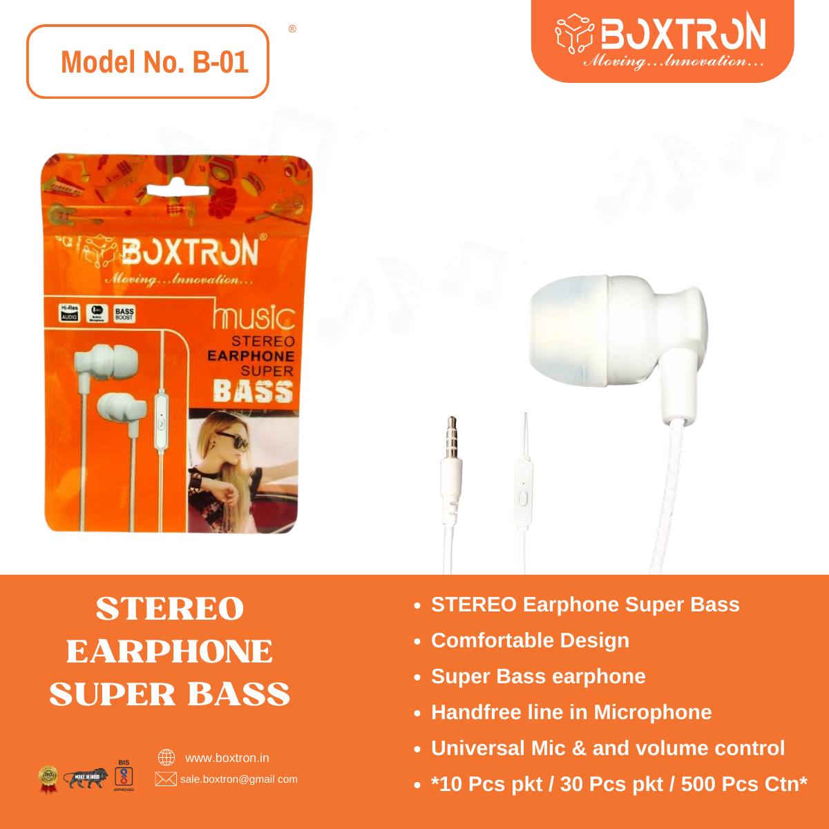 Earphone Boxtron B01 Champ Universcell Wired in Ear Earphones  Mic, Black