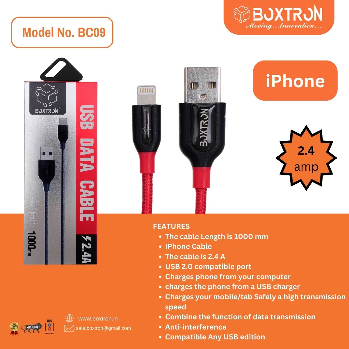 Boxtron BC09 iPHONE USB Fast Charging Data Cable of 2.4 Amperes