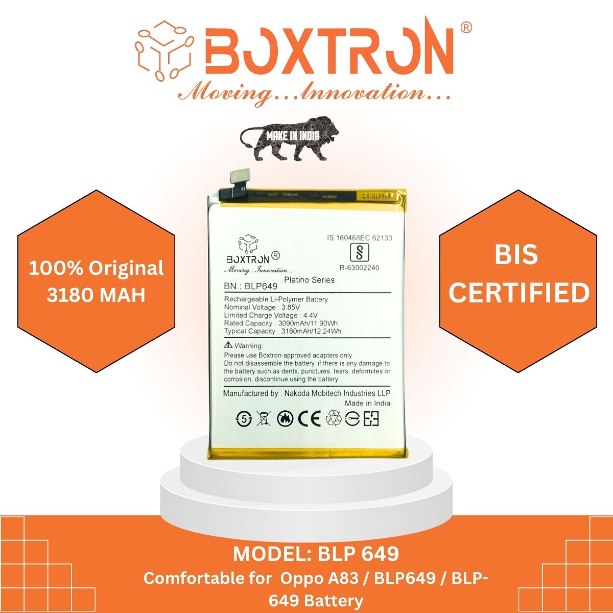 Boxtron Capacity Proper 3180 mAh Mobile Battery for Oppo A83 / BLP649 , .