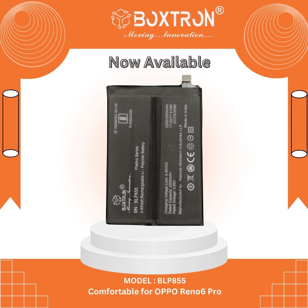 Boxtron BLP855 Battery Compatible for Oppo Reno 6 Pro 5G - 4500mAh Battery Capacity