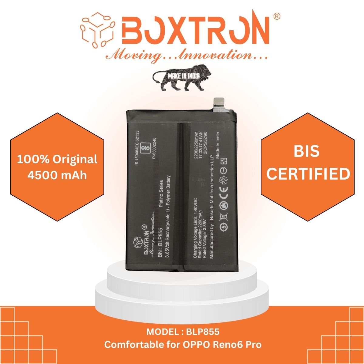 Boxtron BLP855 Battery Compatible for Oppo Reno 6 Pro 5G - 4500mAh Battery Capacity