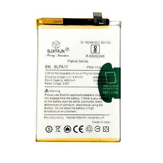 Boxtron Battery Compatible for Realme BLPA17, Realme C53 Supervooc phones, and C65 or C67 4G. providing a 5000mAh capacity with a Lithium-ion type. BIS Approved 180 Days Replacement Warranty.