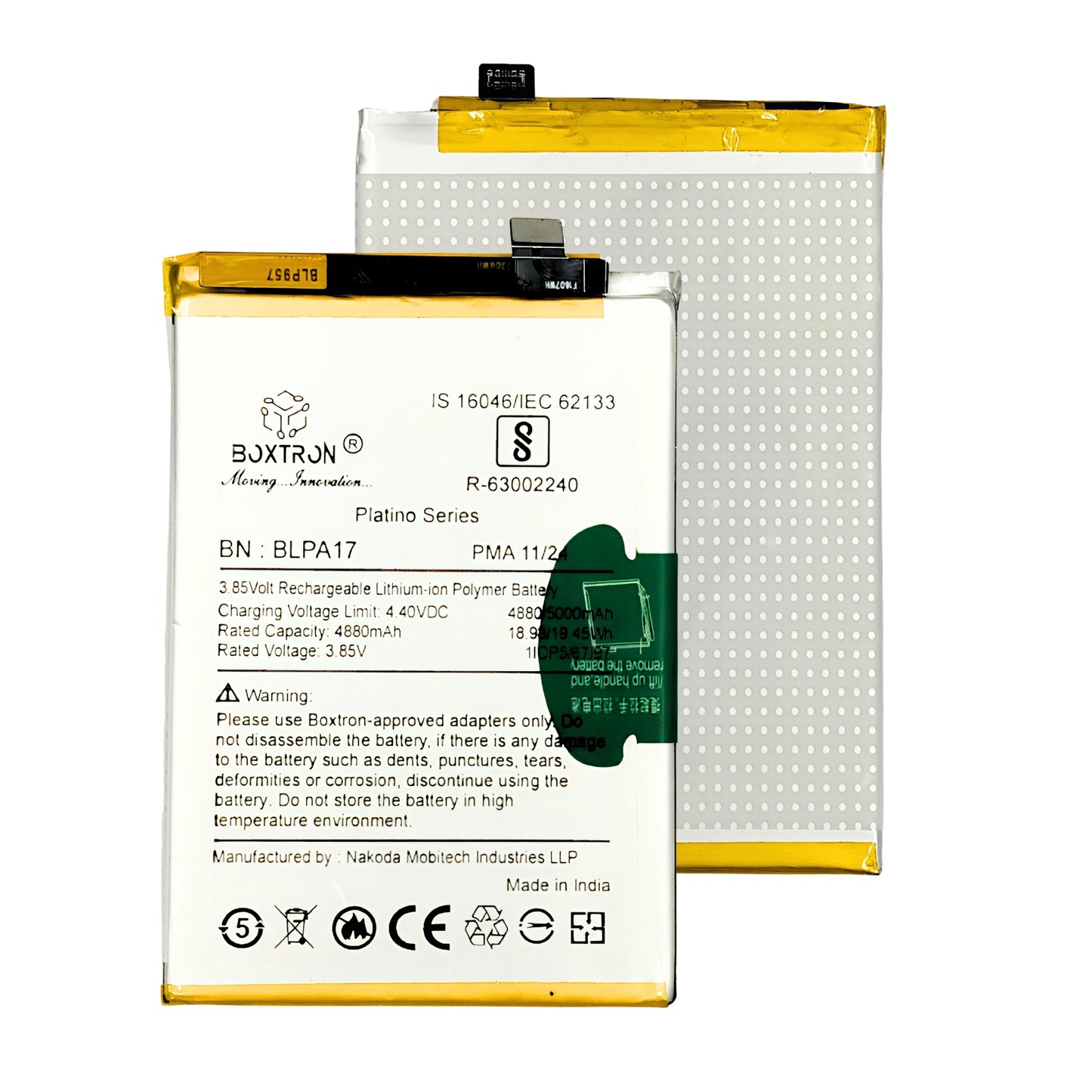 Boxtron Battery Compatible for Realme BLPA17, Realme C53 Supervooc phones, and C65 or C67 4G. providing a 5000mAh capacity with a Lithium-ion type. BIS Approved 180 Days Replacement Warranty.