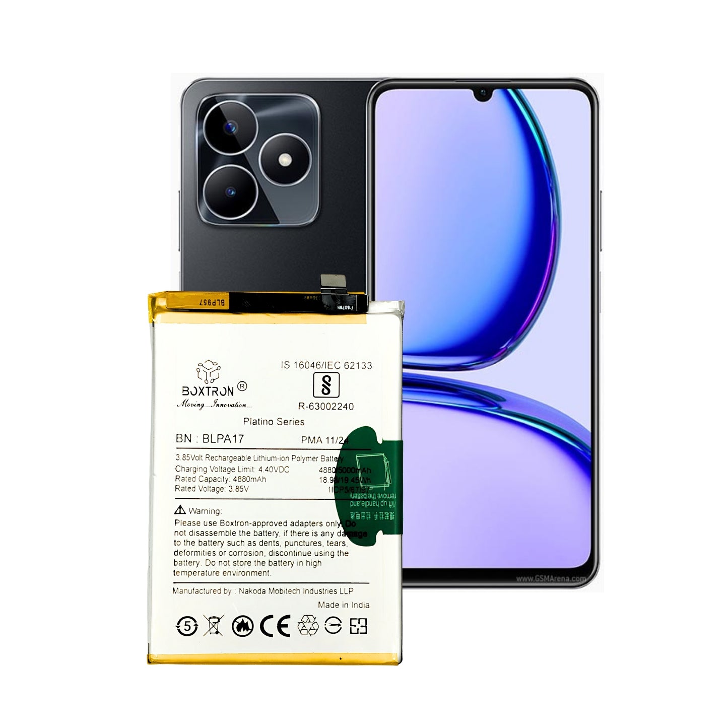 Boxtron Battery Compatible for Realme BLPA17, Realme C53 Supervooc phones, and C65 or C67 4G. providing a 5000mAh capacity with a Lithium-ion type. BIS Approved 180 Days Replacement Warranty.