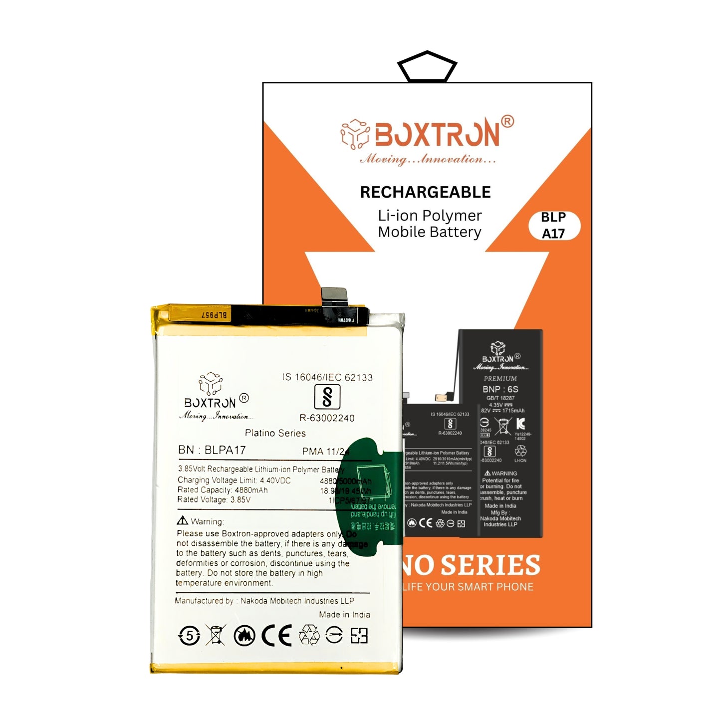 Boxtron Battery Compatible for Realme BLPA17, Realme C53 Supervooc phones, and C65 or C67 4G. providing a 5000mAh capacity with a Lithium-ion type. BIS Approved 180 Days Replacement Warranty.