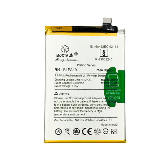 Boxtron Battery Compatible for BLPA19, Oppo A38 and Oppo A58 phones, providing a 5000mAh capacity with a Lithium-ion type. BIS Approved 180 Days Replacement Warranty.