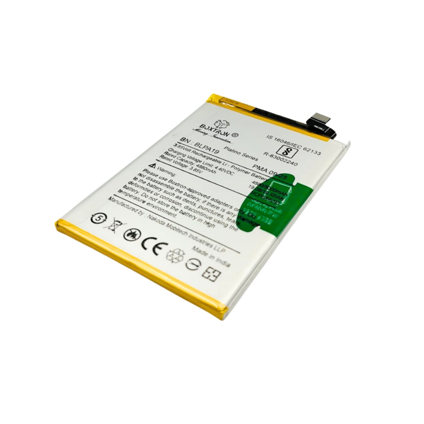 Boxtron Battery Compatible for BLPA19, Oppo A38 and Oppo A58 phones, providing a 5000mAh capacity with a Lithium-ion type. BIS Approved 180 Days Replacement Warranty.