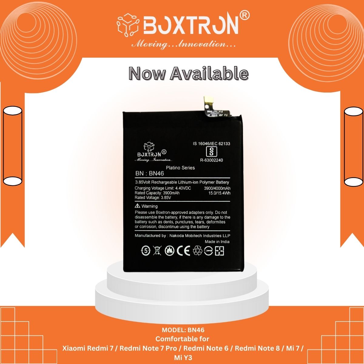 Boxtron BN46 Battery is compatible for Xiaomi Redmi 7, Redmi Y3,Redmi 6 4000 mAh Battery capacity  .