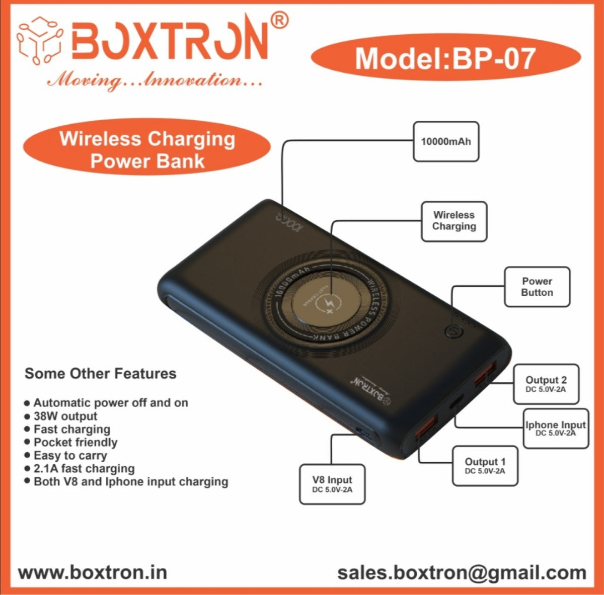 Boxtron Wireless PowerBank 10000mAh Power Bank, 18W Fast Charging, Dual Output, iphone & micro (Input & Output), Quick Charge, Li-Polymer, Multi-Layer Protection for iPhone, Anrdoid & Other Devices (Black)