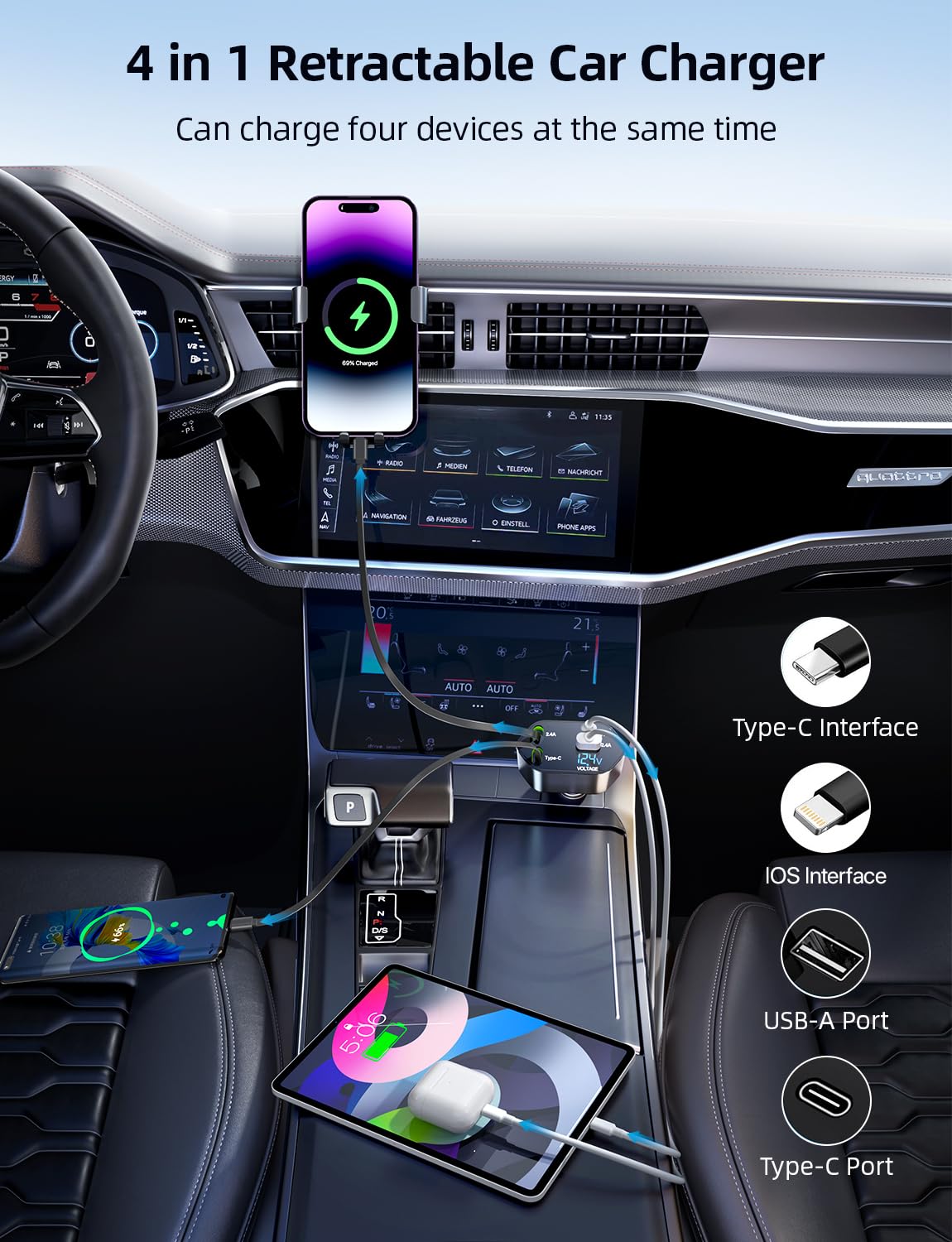 120W Car Charger, 4 in 1 Fast Charging Phone Charger, Retractable Cable (31.5") and 2 USB Ports Car Charger Adapter Compatible with iPhone 15/14/13/12 Pro