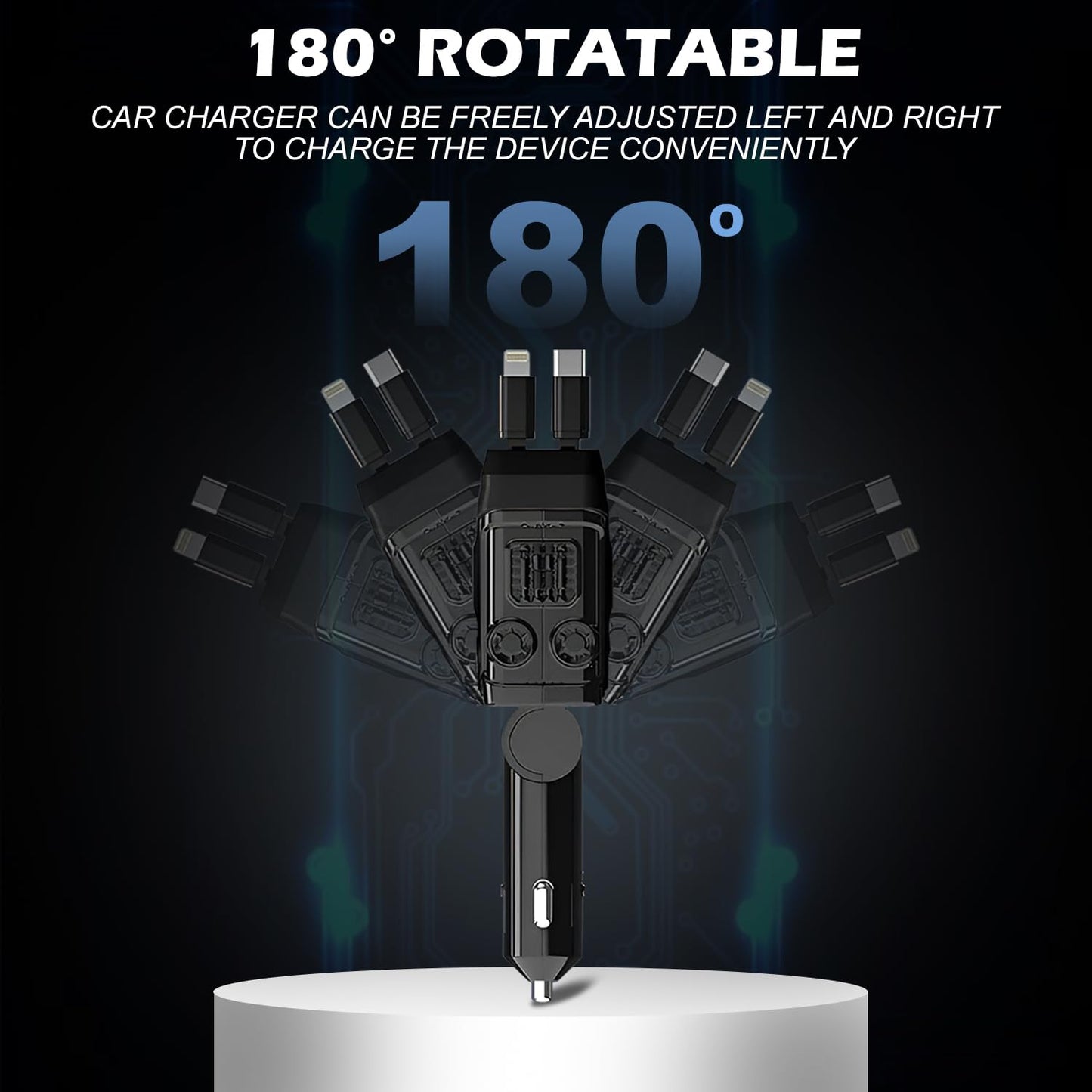 TurboCharge 120W Car Charger | 4-in-1 USB/Type-C/USB L | QC & PD Support | Smart Fast Charging Adapter for Mobile, Laptop, Watch – 180° Rotation(Black)