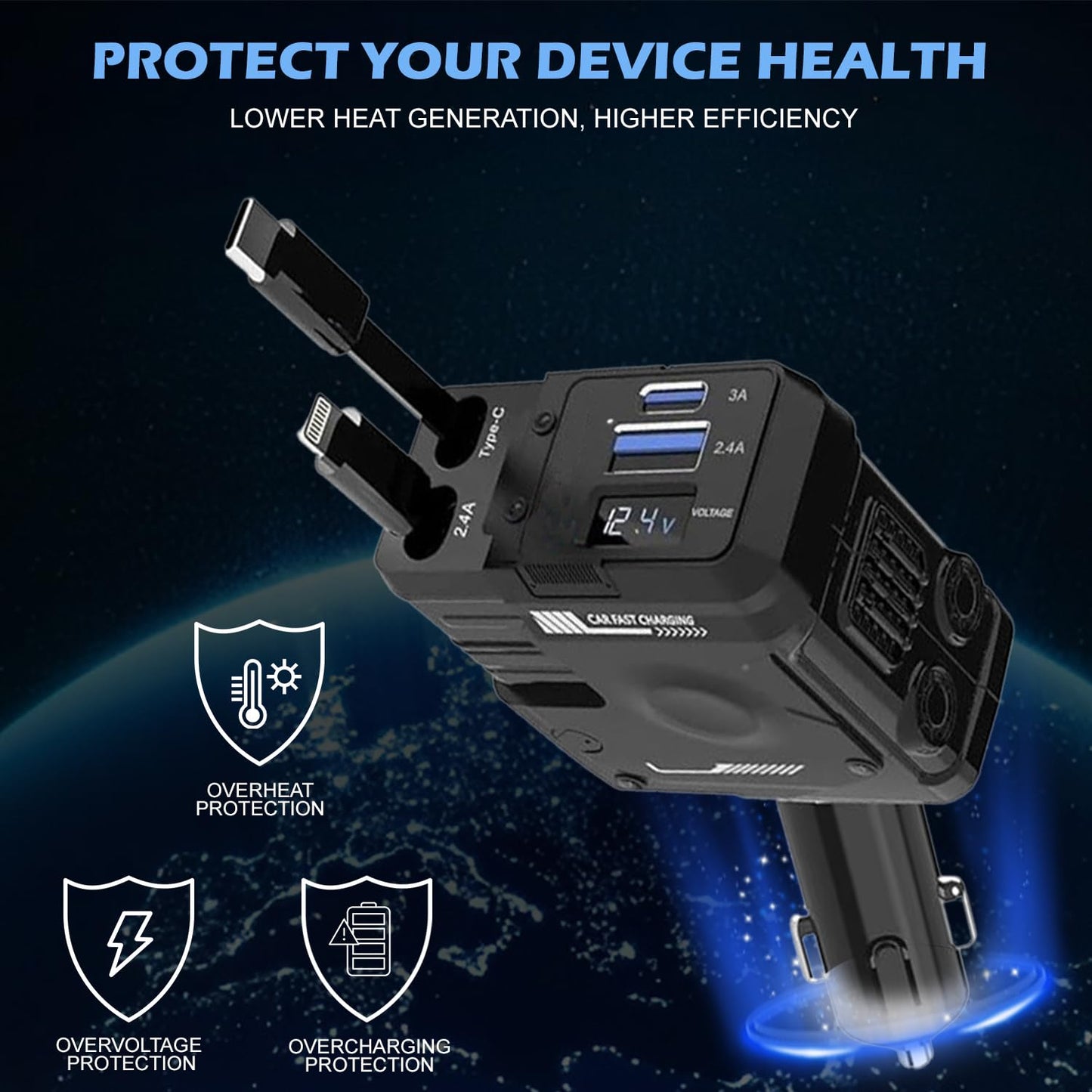 TurboCharge 120W Car Charger | 4-in-1 USB/Type-C/USB L | QC & PD Support | Smart Fast Charging Adapter for Mobile, Laptop, Watch – 180° Rotation(Black)