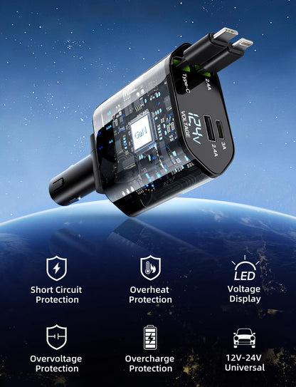 120W Car Charger, 4 in 1 Fast Charging Phone Charger, Retractable Cable (31.5") and 2 USB Ports Car Charger Adapter Compatible with iPhone 15/14/13/12 Pro