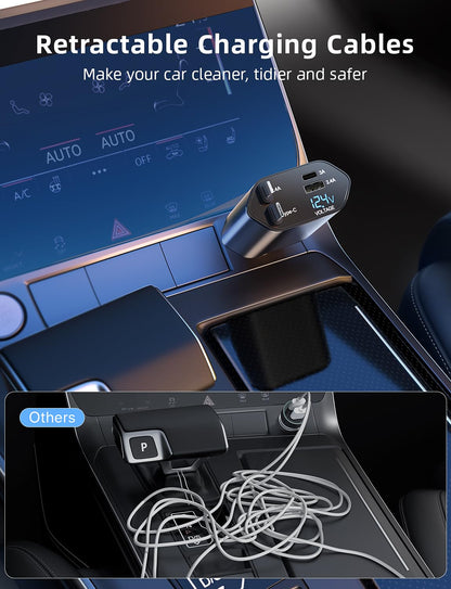 120W Car Charger, 4 in 1 Fast Charging Phone Charger, Retractable Cable (31.5") and 2 USB Ports Car Charger Adapter Compatible with iPhone 15/14/13/12 Pro