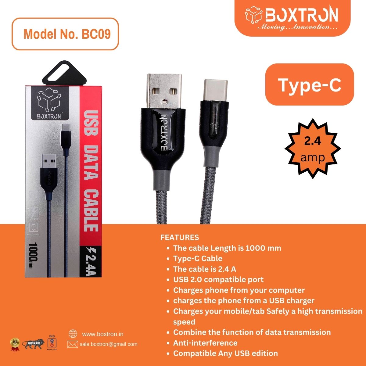 Boxtron BC09 TYPE-C  USB Fast Charging Data Cable of 2.4 Ampere