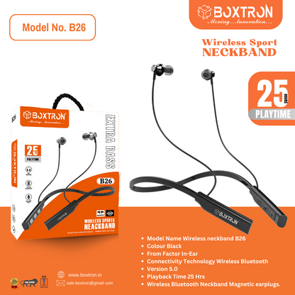 Boxtron B26 Wireless Bluetooth Neckband 5.0 25 Hours Playtime, Magnetic Eartips, Extra Bass Neckband,Long stand By Battery,