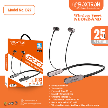 Boxtron B27 Wireless Bluetooth Neckband , Magnetic Earplugs, .