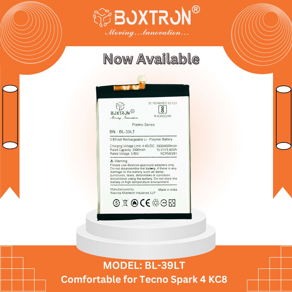 Boxtron BL-39LT Battery Compatible with Tecno Spark 4 KC8 - 4000mAh Battery Capacity