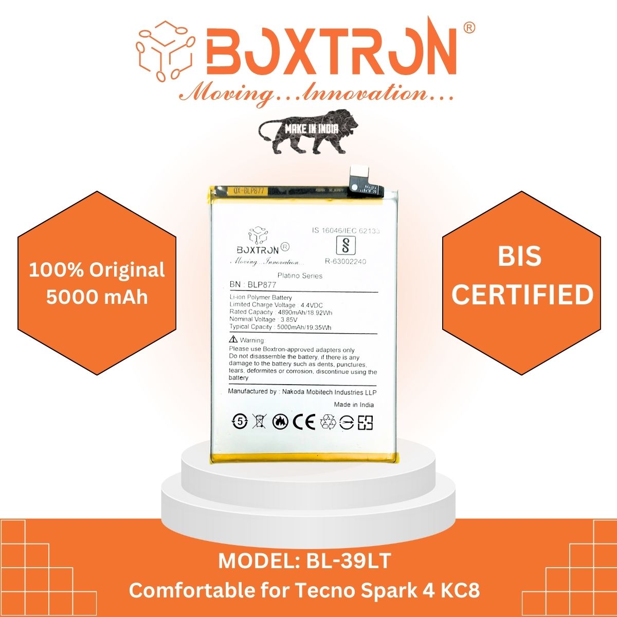 Boxtron BL-39LT Battery Compatible with Tecno Spark 4 KC8 - 4000mAh Battery Capacity