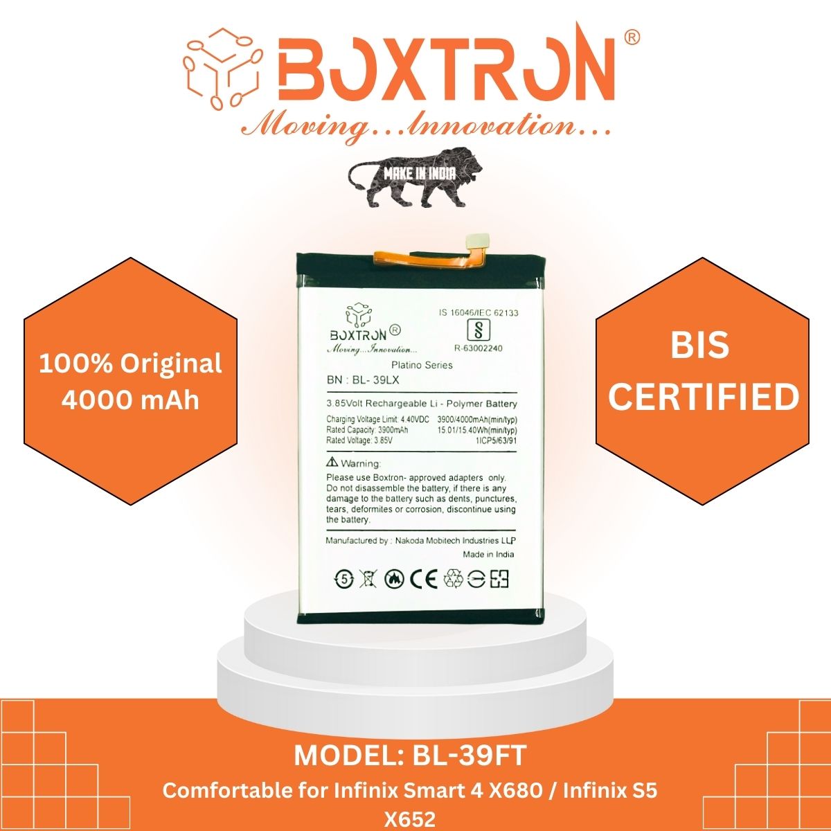 Boxtron BL-39LX Battery Compatible with Infinix Smart 4 X680 / Infinix S5 X652 - 4000mAh Battery Capacity