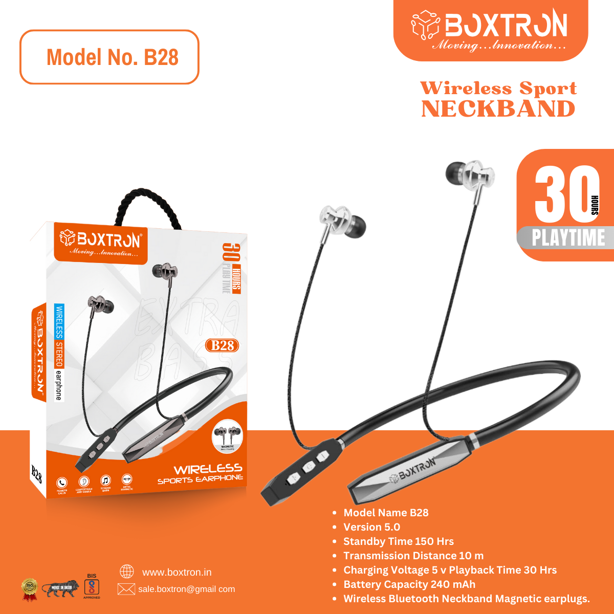 Boxtron B28 Wireless Bluetooth Neckband, Magnetic Earplugs. .