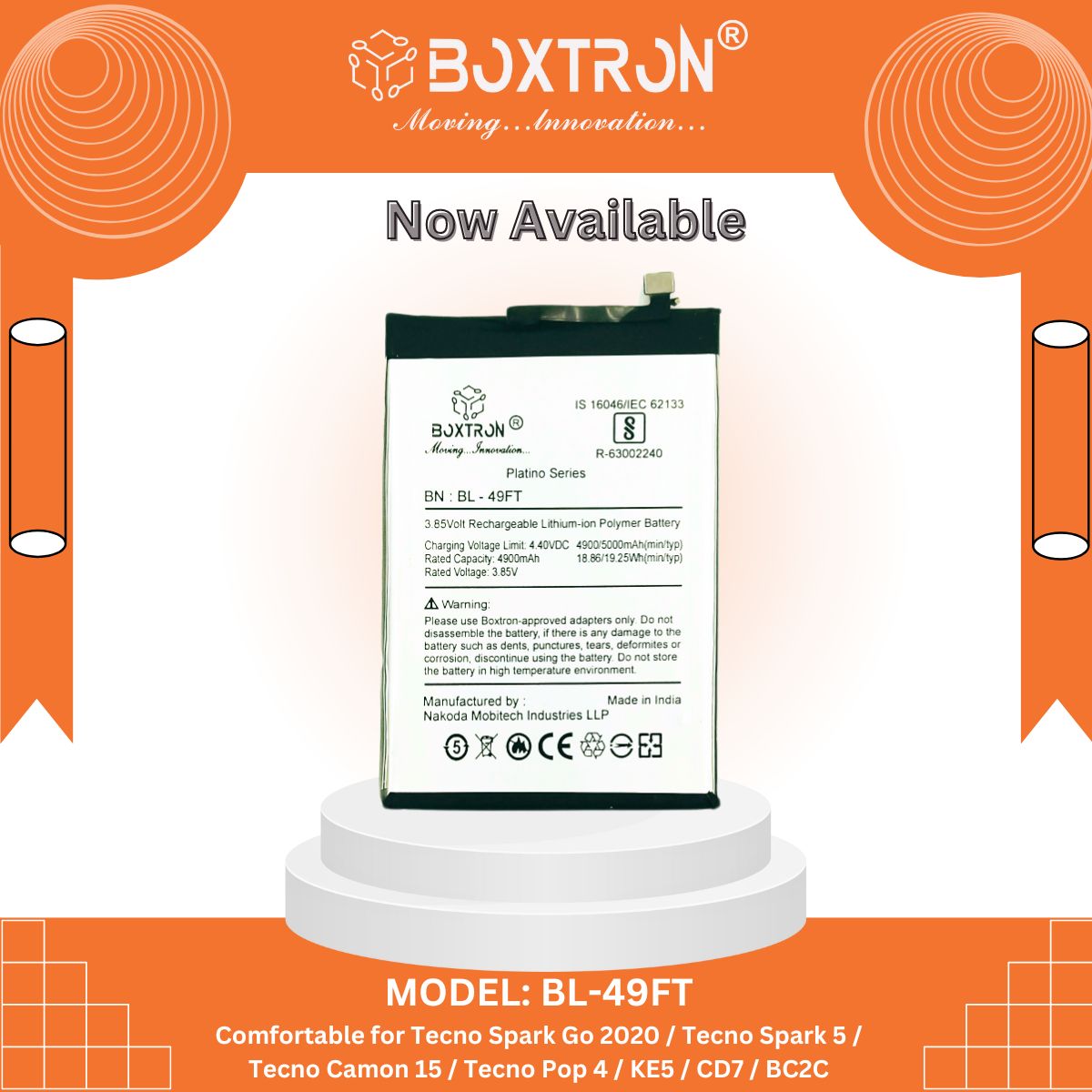 Boxtron BL-49FT Battery Compatible with Tecno Camon 15 & Spark 5 Air & Pop 4 - 5000 Mah Battery Capacity