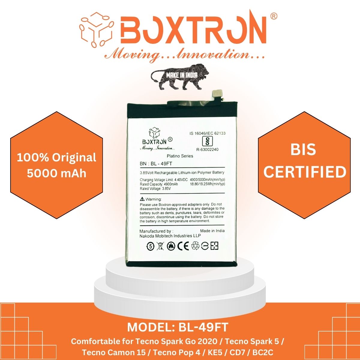 Boxtron BL-49FT Battery Compatible with Tecno Camon 15 & Spark 5 Air & Pop 4 - 5000 Mah Battery Capacity