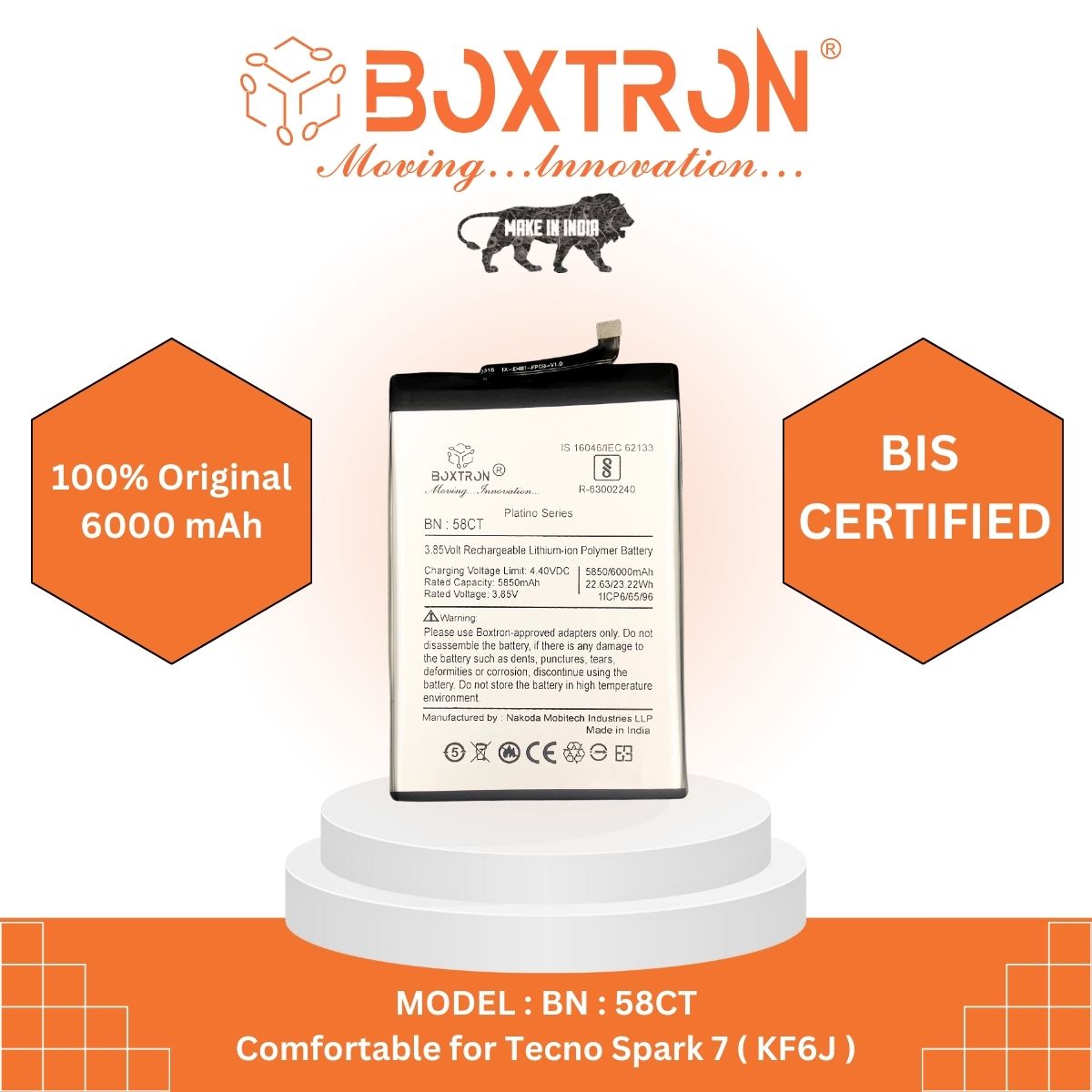 Boxtron BL-58CT Battery Compatible For Tecno Spark 7 - 6000 Mah Battery Capacity