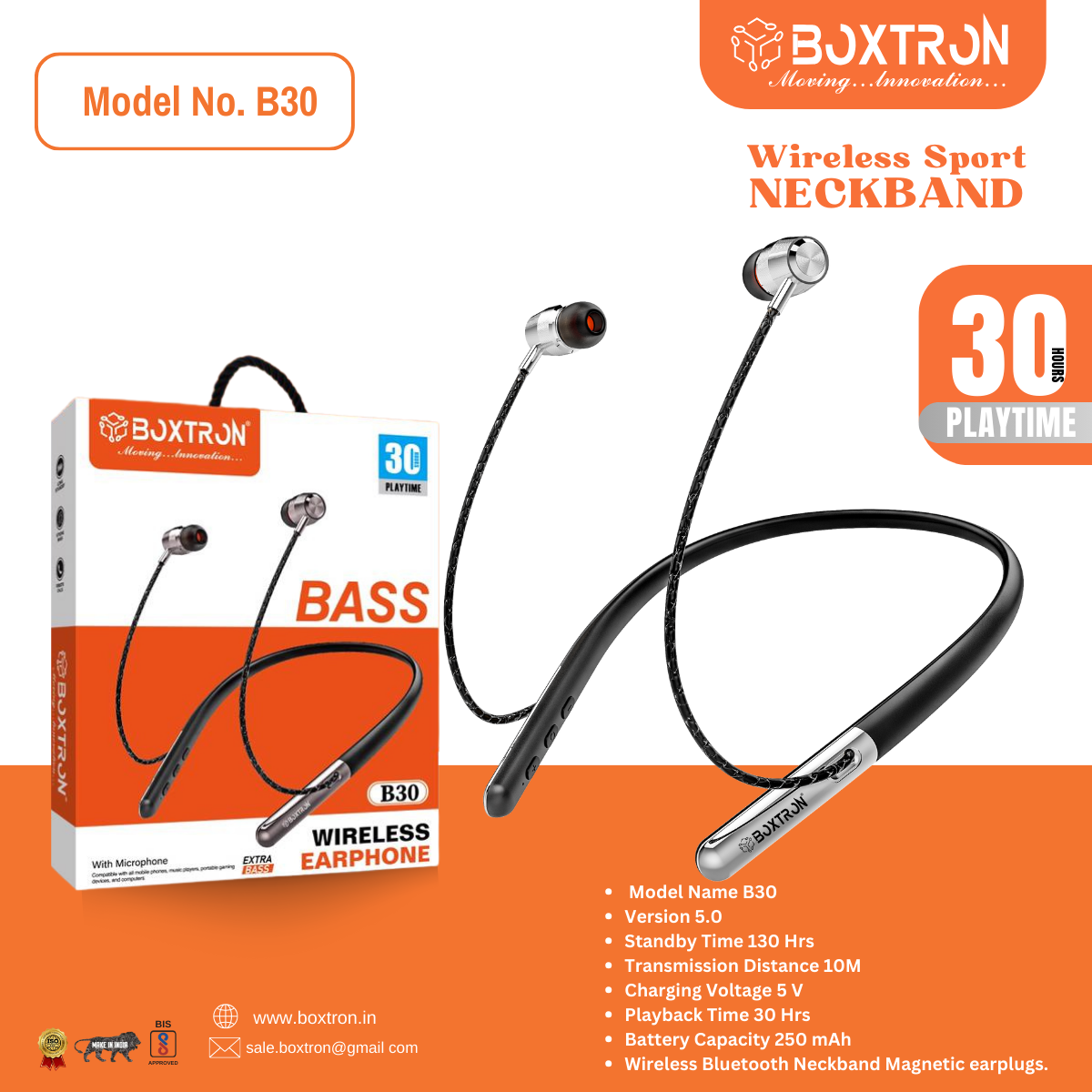 Boxtron B30 Wireless Bluetooth Neckband, Magnetic Earplugs.