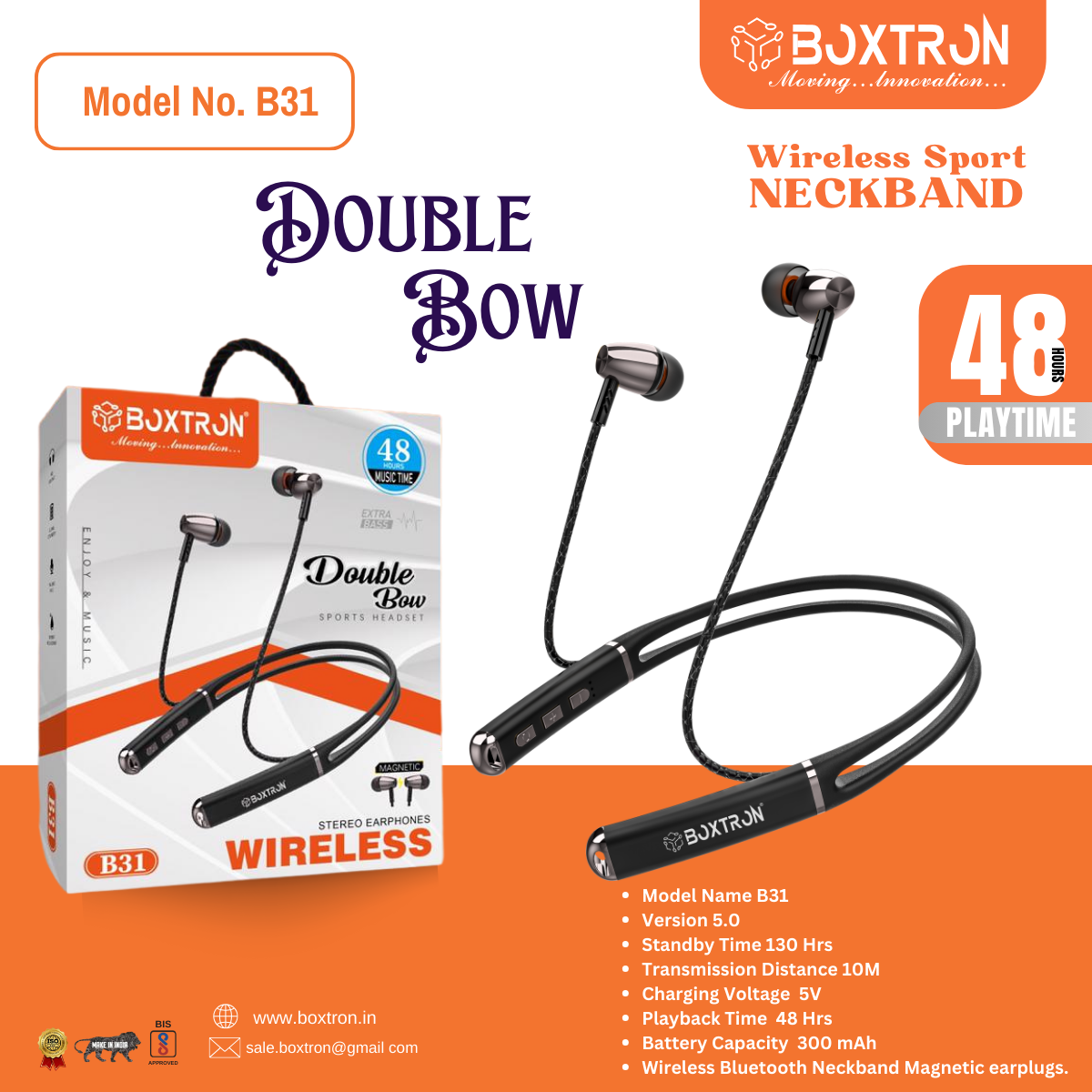 Boxtron B31 Wireless Bluetooth Neckband Magnetic earplugs. .