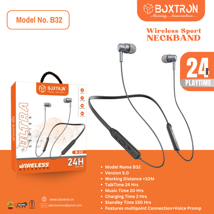 Boxtron B32 Wireless Bluetooth Neckband Magnetic Earplugs