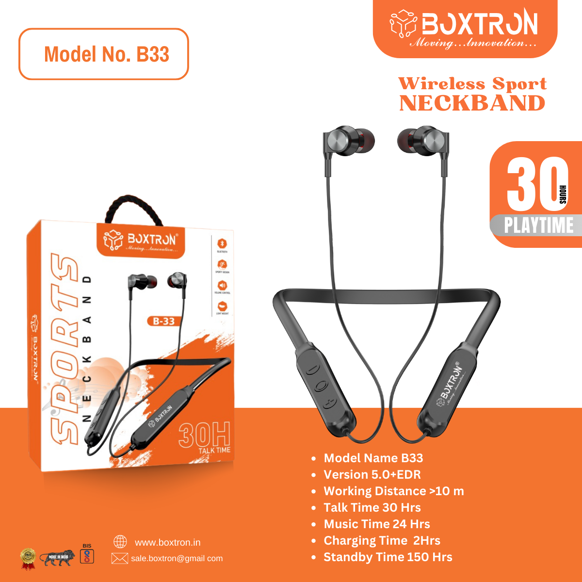 Boxtron B33 Wireless Bluetooth Neckband magnetic earplugs