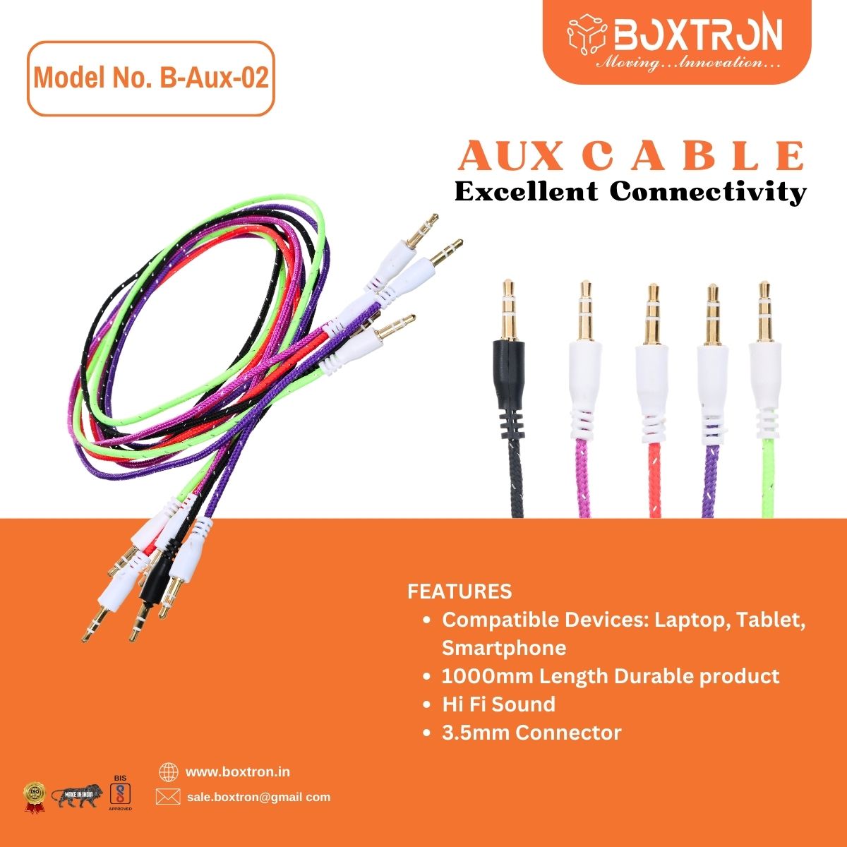 Boxtron Unbreakable 3.5mm Male to Male AUX 02 Stereo Audio Cable for Smartphone, 1 mtr. .