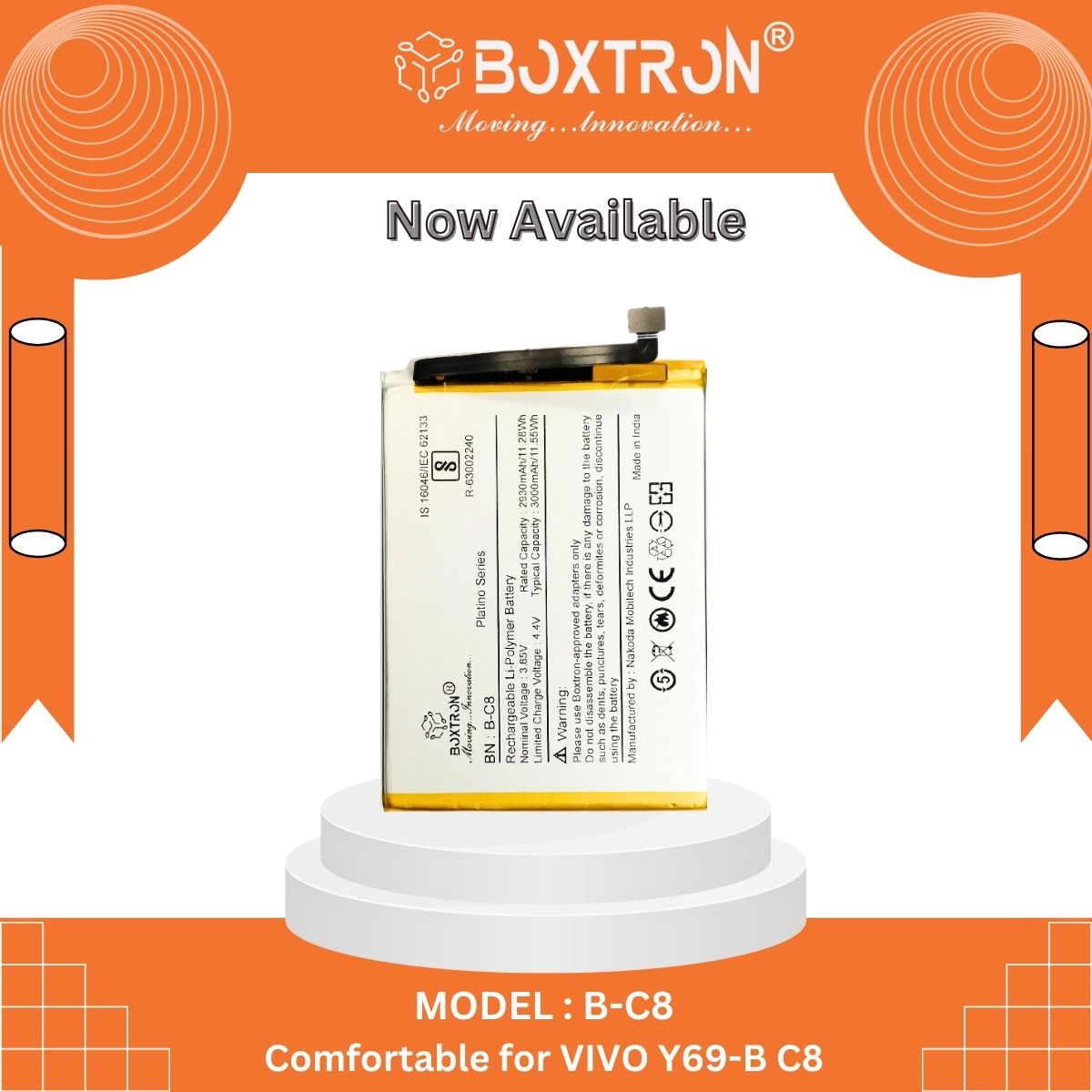 Boxtron B-C8 Battery Compatible for Vivo Y66, Vivo Y69 - 3000mAh Battery Capacity