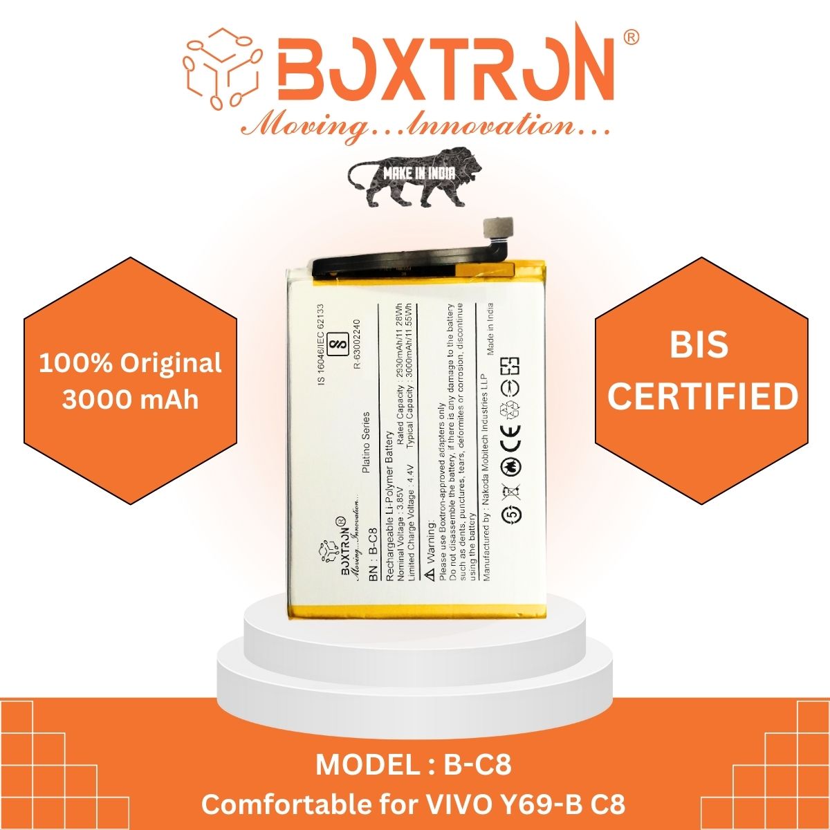 Boxtron B-C8 Battery Compatible for Vivo Y66, Vivo Y69 - 3000mAh Battery Capacity