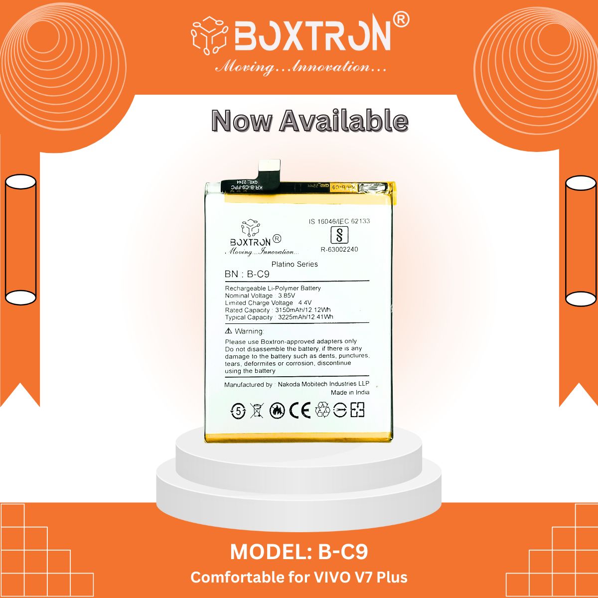 Boxtron B-C9 Battery Compatible for Vivo V7 Plus, 3225mAh Battery Capacity