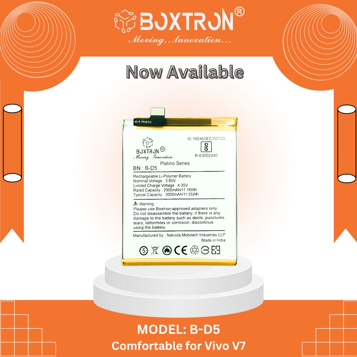 Boxtron B-D5 Battery Compatible for Vivo V7 B-D5, 3000mAh Battery Capacity