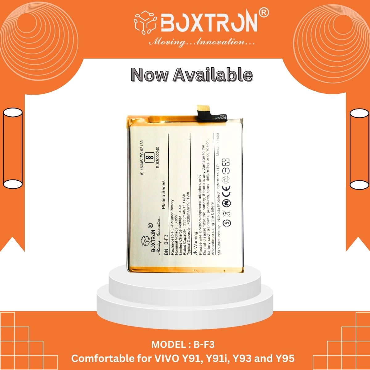 Boxtron B-F3 Battery Compatible  Vivo Y91 / Y93 / Y95 Y93S Y91C / Y90 / Y1S - 4000 mAh Battery Capacity