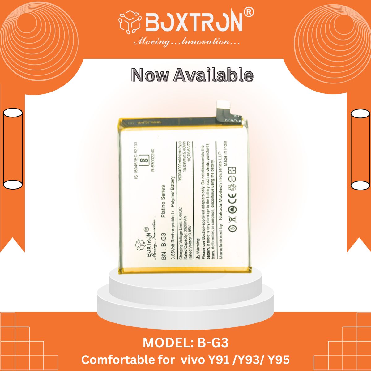 Boxtron B-G3 Battery Compatible with Vivo Y91, Y93, Y95, 4000 mAh Battery Capacity