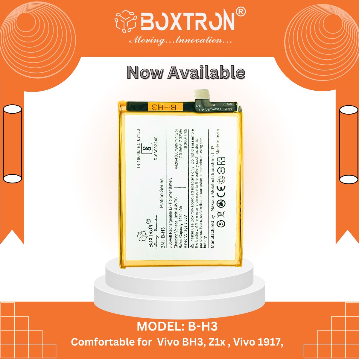 Boxtron B-H3 Battery Compatible with Vivo Z1x Mobile - 4500mAh Battery Capacity