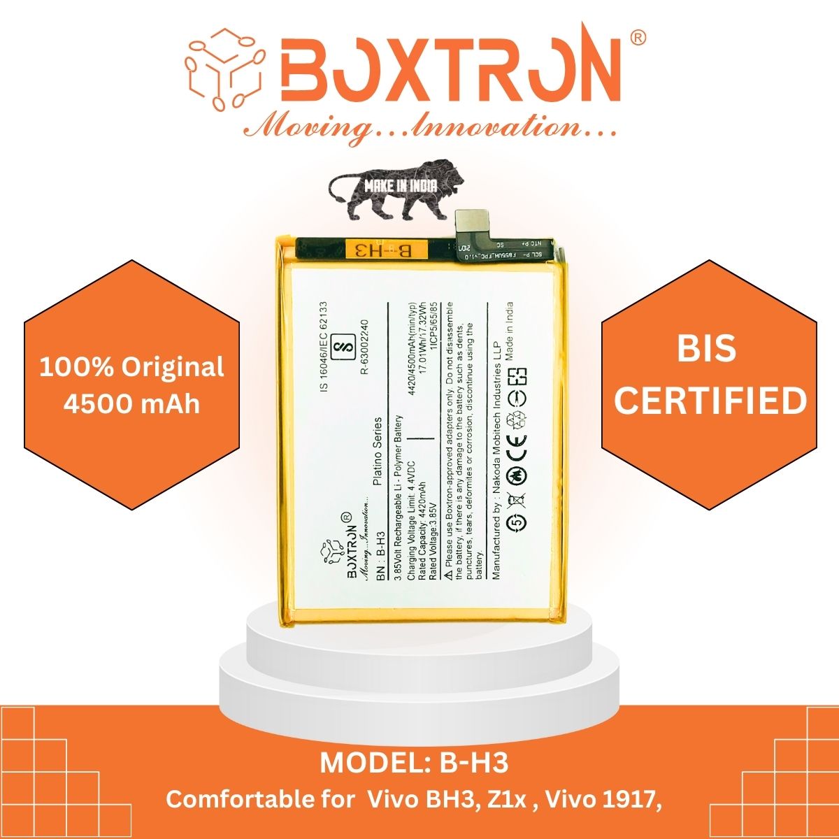 Boxtron B-H3 Battery Compatible with Vivo Z1x Mobile - 4500mAh Battery Capacity