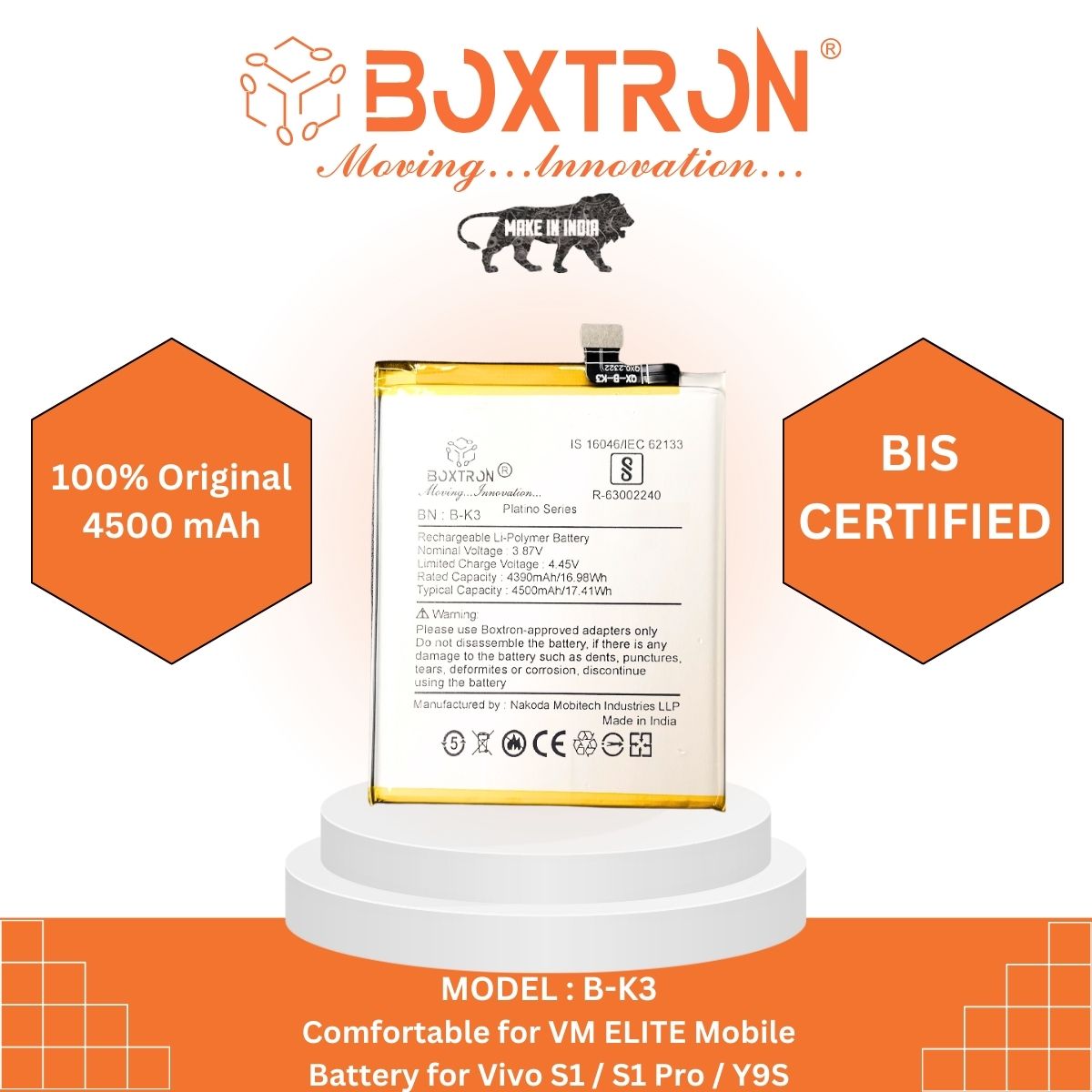 Boxtron B-K3 Battery Compatible for Vivo S1 Pro - 4500 mAh Battery Capacity