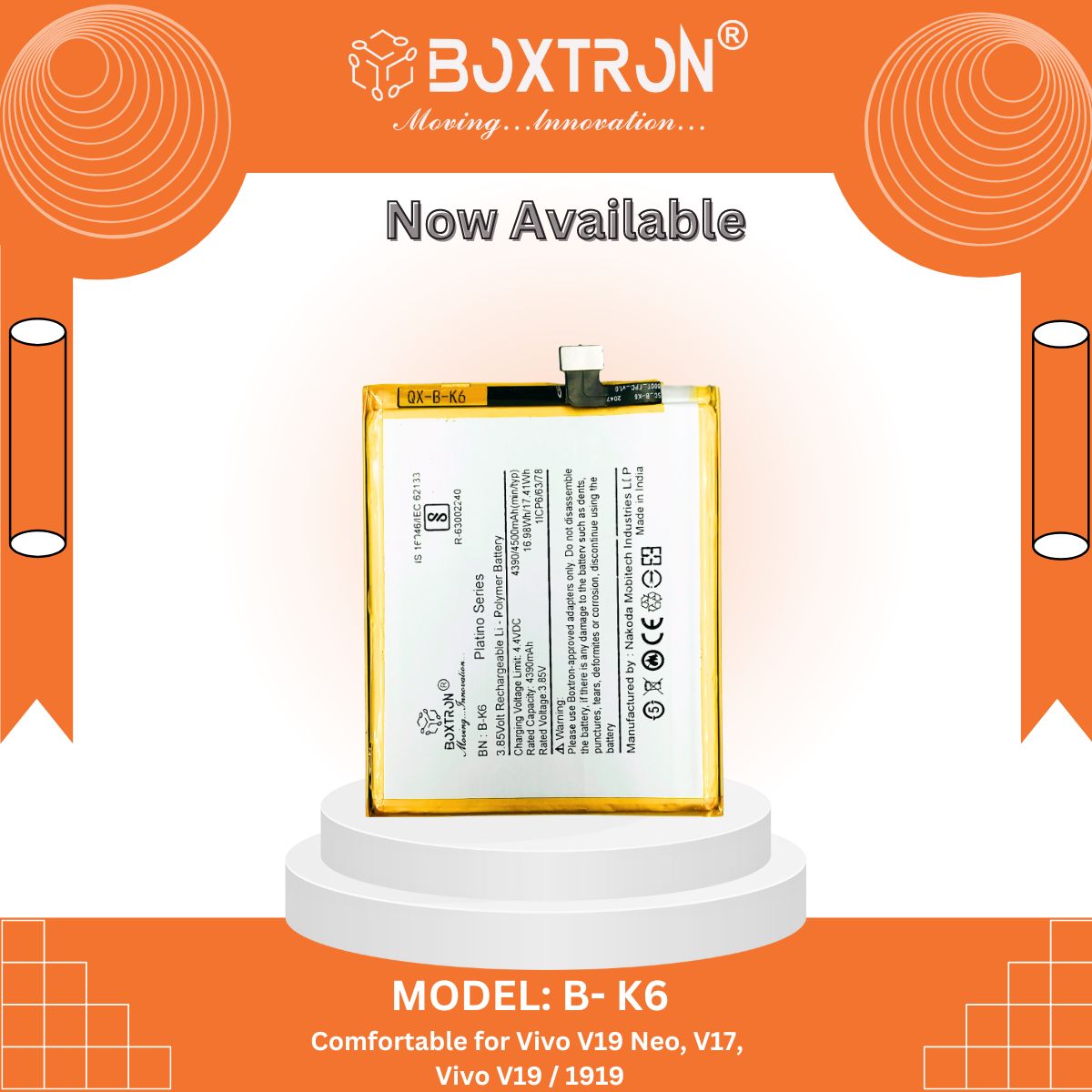 Boxtron B-K6 Battery Compatible for Vivo V19 Neo, V17, Vivo V19 - 4500mAh Battery Capacity