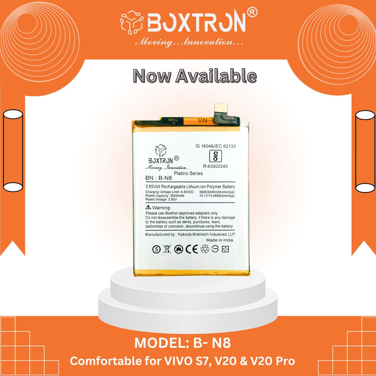 Boxtron B-N8 Battery Compatible For VIVO S7, V20 & V20 Pro - 4000mAh Battery Capacity