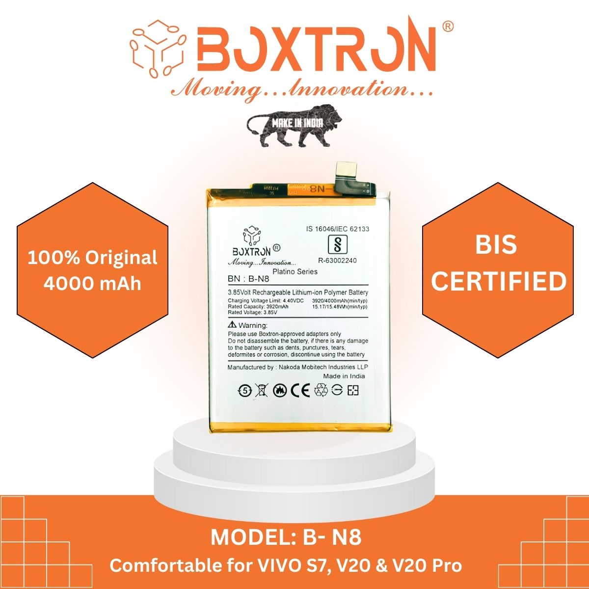 Boxtron B-N8 Battery Compatible For VIVO S7, V20 & V20 Pro - 4000mAh Battery Capacity